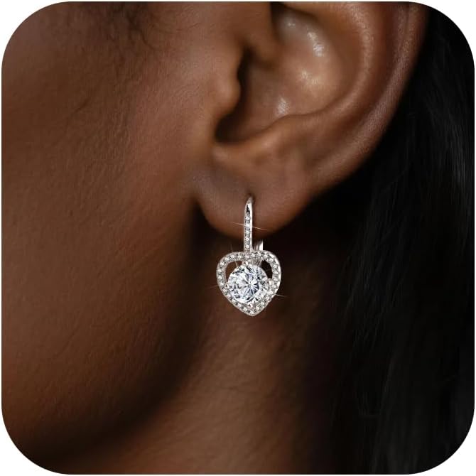 Moissanite Earrings, White Gold Plated Soild Sterling Silver Dangle Earrings 1.0ct-2.0ct D Color Brilliant Round Cut Lab Created Moissanite French Leverback Drop Earring for Women