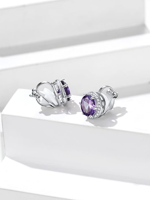 Silvora 925 Silver 8MM Cubic Zirconia Birthstone Clip On Stud Earrings Round Non Pierced Earrings For Women,Come with Box