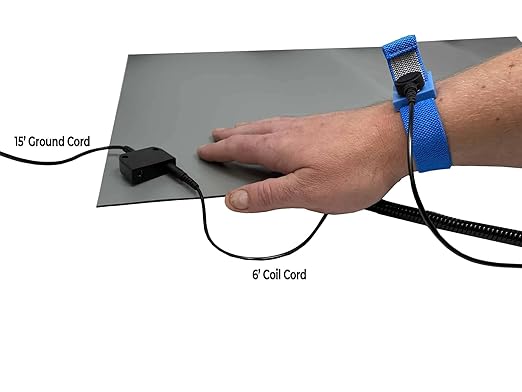 RubberStat Dual Layer ESD Compliant Workstation Rubber Table Mat Kit, Soldering, Cell Phone Repair, with Wrist Strap Set and Ground Cord - 36"x16" Grey
