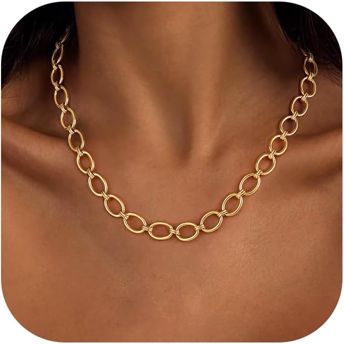 Gold Necklace for Women - Chunky 14K Gold Plated Chain Necklace Cuban Link Paperclip Chain Herringbone Statement Choker Necklace for Women Simple Trendy Jewelry Gifts