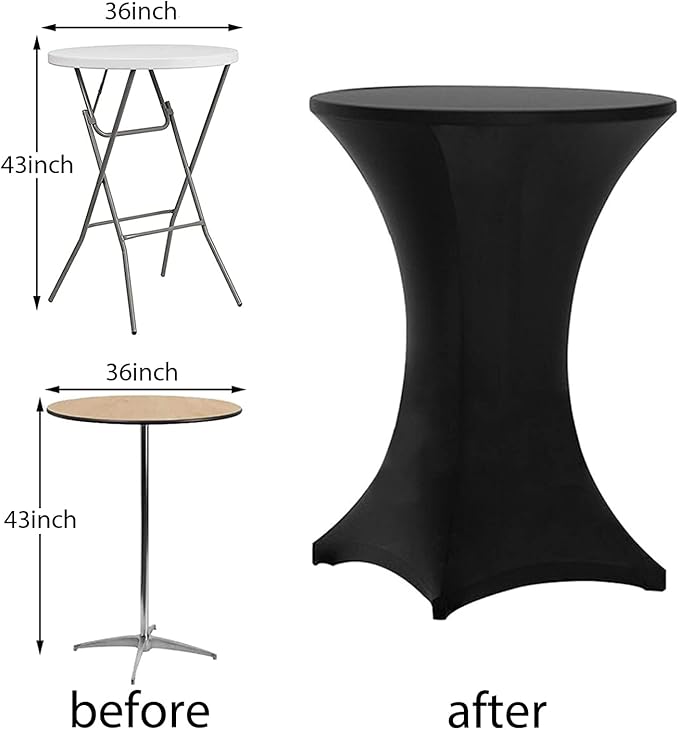 Tina's 4 Pack 36x43 Inch Highboy Spandex Cocktail Table Covers, Black, Fitted Stretch Cocktail Table Tablecloth for Round Tables