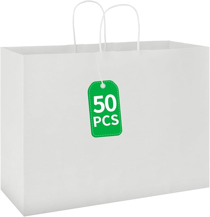 bagmad 50 Pack 16x6x12 Inches Large White Kraft Paper Bags with Handles Bulk for Shopping Wedding Grocery Retail Merchandise Business Craft Gift Bags(50 Count)