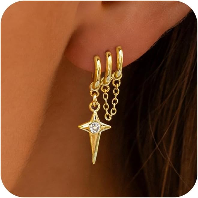 Gold Earrings for Women Trendy, Simple Dainty 14K Gold Plated Paperclip Square Chain Link Dangle Hoops Earrings Pin Stud Huggie Earrings Lightweight Hypoallergenic Minimalist Aesthetic Gold Jewelry for Christmas Gifts