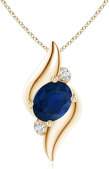 Angara Natural Blue Sapphire Pendant for Women | Shell Style Oval Sapphire and Diamond Pendant in 14K Solid Gold/Silver/Platinum With 18" Chain | September Birthday, Gemstone Jewelry Gift