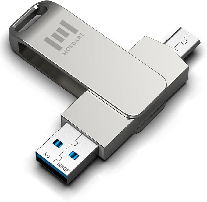 MOSDART 128GB USB3.1 Fast Speed C and A Dual Flash Drive, exFAT Memory Stick with Keychain Loop, for iPhone 15 and 16, Android Phone, iPad, MacBook, Silver