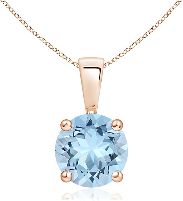 Angara Natural Aquamarine Solitaire Pendant for Women | Round Aquamarine Solitaire Pendant Necklace in 14K Solid Gold/Silver/Platinum With 18" Chain | March Birthday, Gemstone Jewelry Gift
