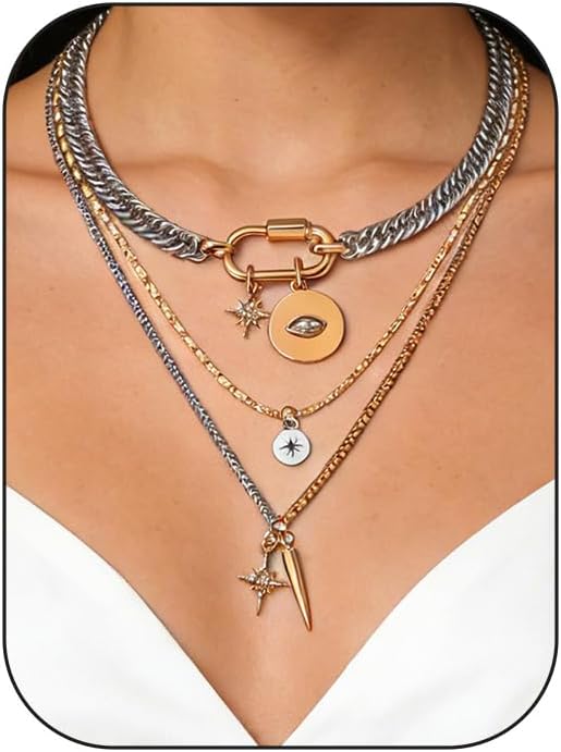 Valentines Day Gifts for her,Gold Statement Necklace,Muliti Layered Necklaces for Women,Chunky Two Tone Mixed Metal Necklace Set with Charm Pendant, Paperclip Stacked Chain, Trendy Coin Jewelry Gift for Her Gifts for Chrismas
