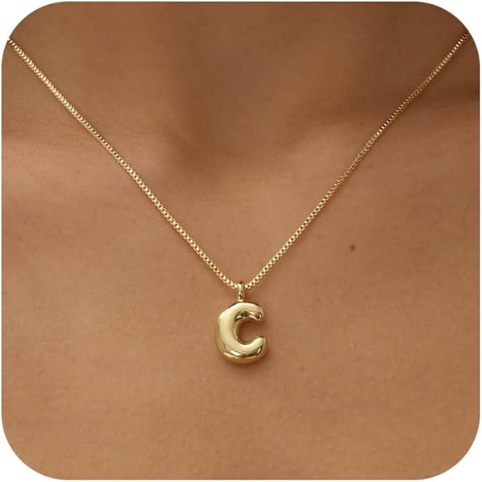 Bubble Gold Silver Letter Necklace Initial Necklaces for Women Trendy 14K Dainty Charm Pendant Name Necklace Personalized Jewelry Gift for Women Teen