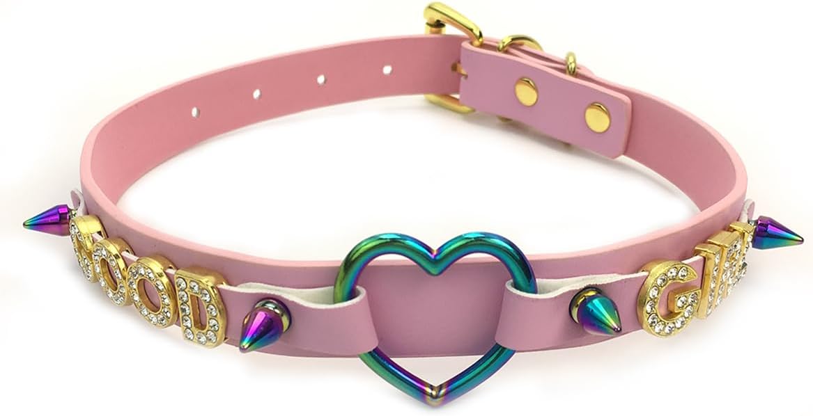 Succuba Handmade Heart Ring Rhinestone Letter Pu Leather Choker Collar Necklace for Women and Men