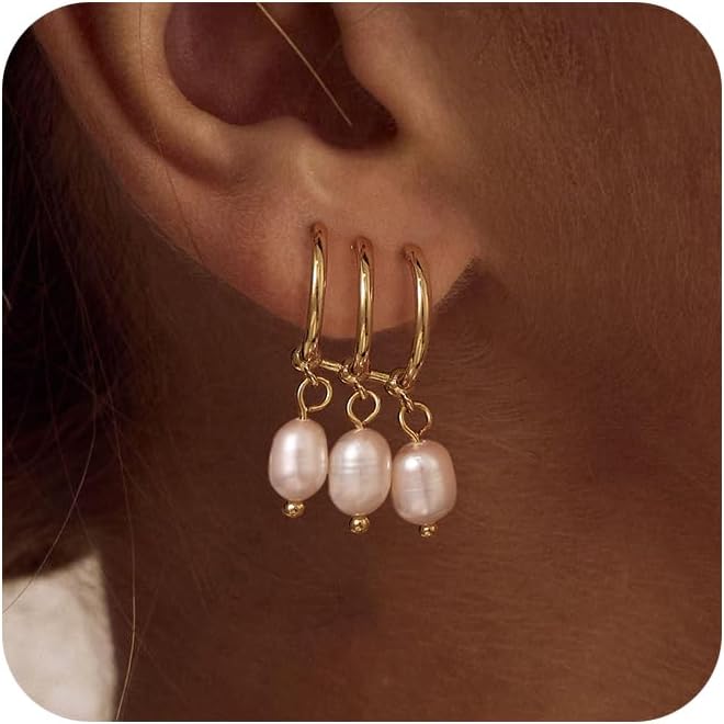 Gold Pearl Dangle Earrings for Women, 14K Gold Plated Small Pearl Drop Huggie Hoop Earrings, Hypoallergenic Dainty Gold Earrings Wedding Jewelry Gifts for Women Trendy