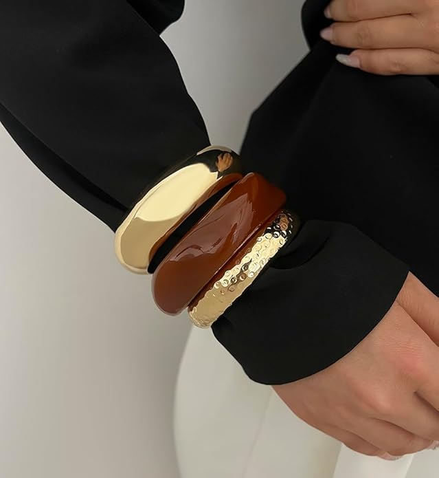 Chunky Gold Bangle Bracelets for Women, Dainty 14k Gold Plated Big Stackable Bangles Set, Trendy Statement Cuff Bracelet Stack Fashion Jewelry Christmas Gifts