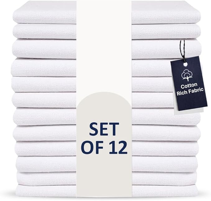 LFH Home Cotton Rich Metered Napkins for Dining Table Set of 12, Elegant Cloth Napkins for Wedding Party or Everyday Use Machine Washable Durable Reusable and Soft for Hosting 18x18 Inch - White