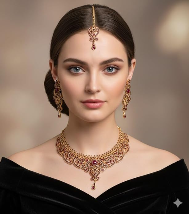 Touchstone Indian jewelry set for women bollywood gold jewellery wedding outfits necklace sets earrings bridal maang tikka fancy costume girls big desi accessories rhinestone in gold or silver tone