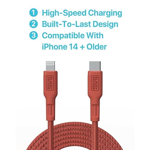 BLACK+DECKER USB C to Lightning Cable - Fast Compatible iPhone Lightning Cable - Durable Braided Type C iPhone Charger Cord - for Travel and Daily Use - Multiple Colors and Lengths - 9ft