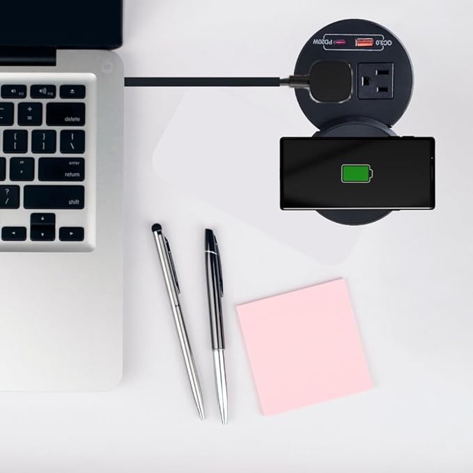 ZESHAN Desk Power Grommet Desktop Power Outlet Sofa Table Outlet with Wireless Charger, USB A, USB C Fast Charging Ports and 2 US Plugs 1.8M Power Cord for Conference Table Desk Furniture, Black