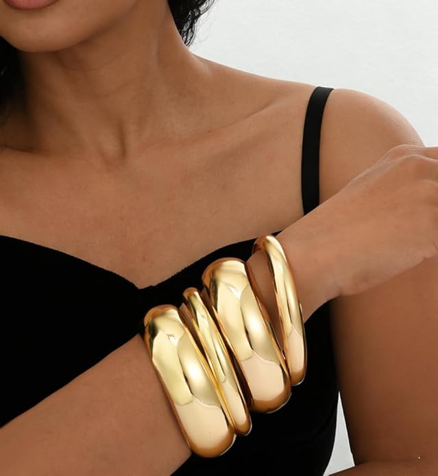 Chunky Gold Bangle Bracelets for Women, Dainty 14k Gold Plated Big Stackable Bangles Set, Trendy Statement Cuff Bracelet Stack Fashion Jewelry Christmas Gifts