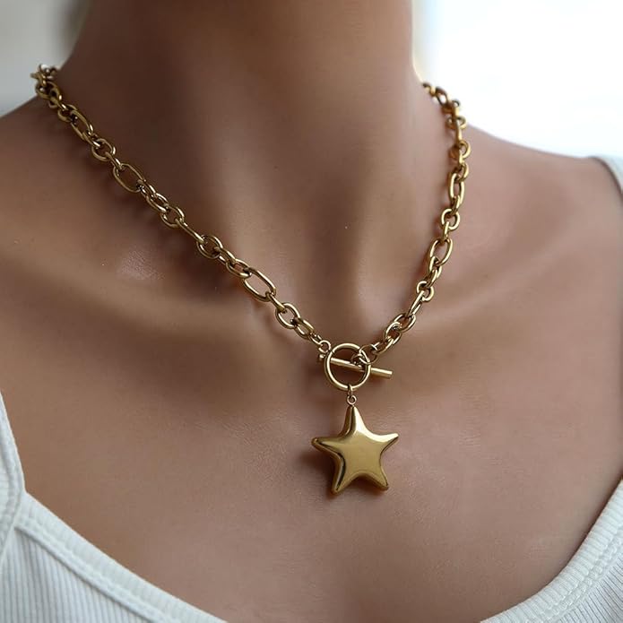 Large Star Necklace Chunky Gold Necklace for Women Trendy Silver Big Statement Necklaces Bold Thick Paperclip Necklaces OT Toggle Chunky Jewelry Holiday Christmas Jewelry Gifts Stocking Stuffers