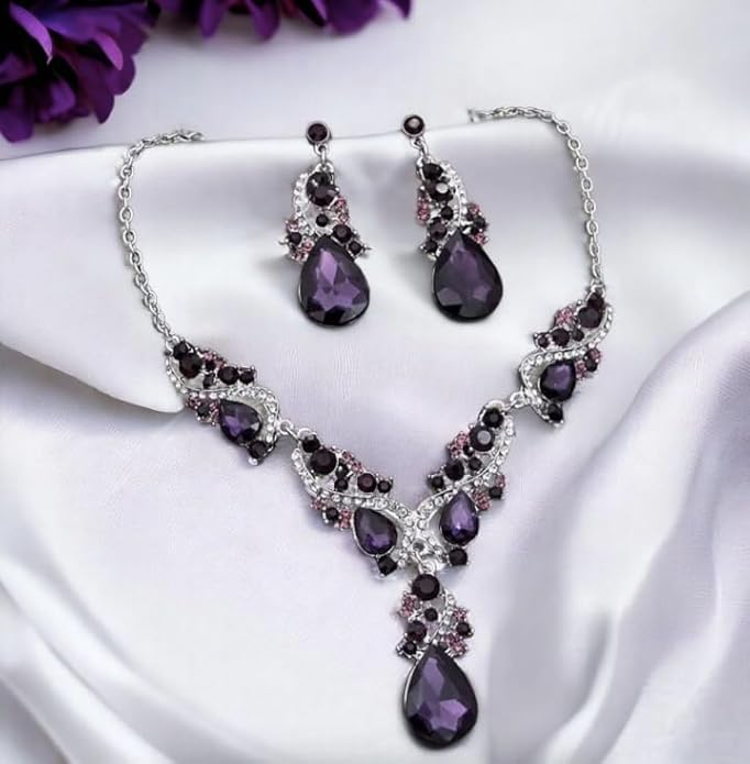 Secret for Longevity Silver Tone Antique Style Art Deco Dark Purple Eggplant Amethyst Rhinestone Statement Wedding Bridal Prom Chunky Statement Earrings Necklace Gift Set