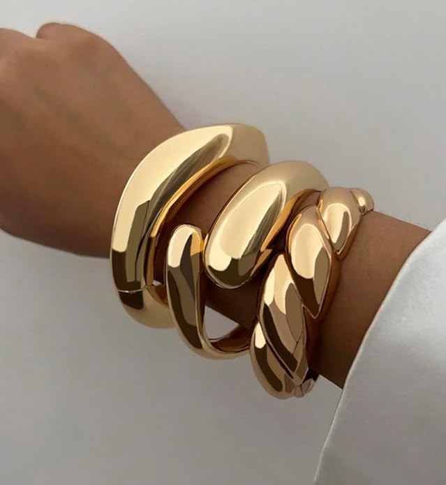 Chunky Gold Bangle Bracelets for Women, Dainty 14k Gold Plated Big Stackable Bangles Set, Trendy Statement Cuff Bracelet Stack Fashion Jewelry Christmas Gifts