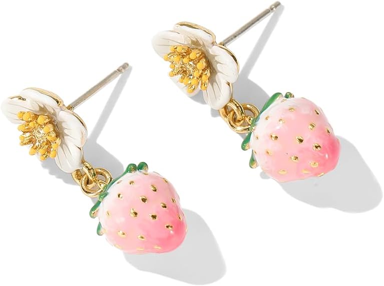 Pink Strawberry Flower Drop Earrings - Cute Enamel Fruit & Floral Stud Drop Earrings for Women, 18K Gold Plated Dainty Aesthetic Jewelry