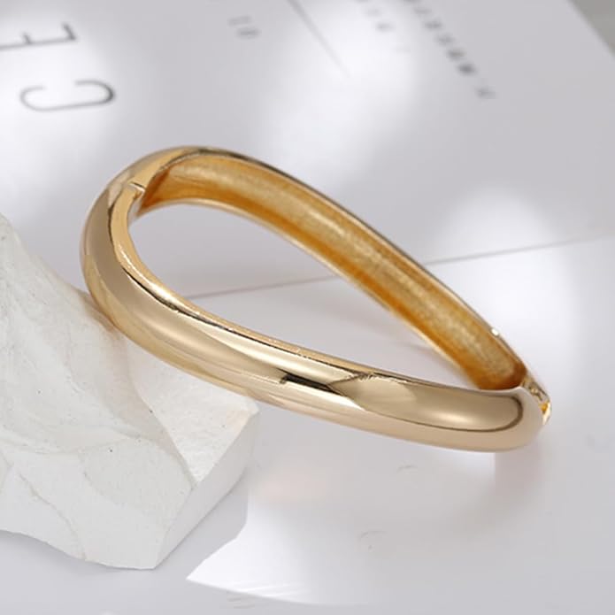 Golden Polished Chunky Twisted Hinged Waterdrop Bangle Bracelet for Women Spiraled Oval Bangle Bracelet