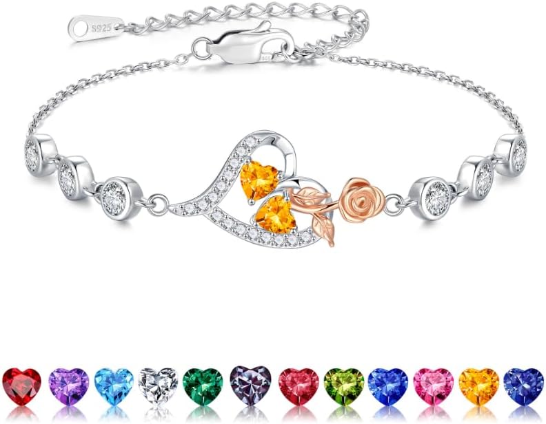 Iefil Valentines Day Gifts for Her - 925 Sterling Silver Rose Heart Birthstone Bracelets, Anniversary Birthday Gifts for Women Wife Mom Daughter, 6"+2"