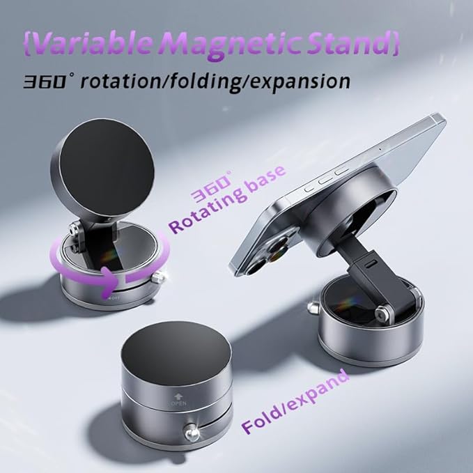 Magnetic Phone Holder for Car, [360° Rotatable] Phone Mount with Strong Suction Cup & Retractable Stand, Foldable Phone Holder for iPhone 16/15/14/13 and All Smartphone (White)