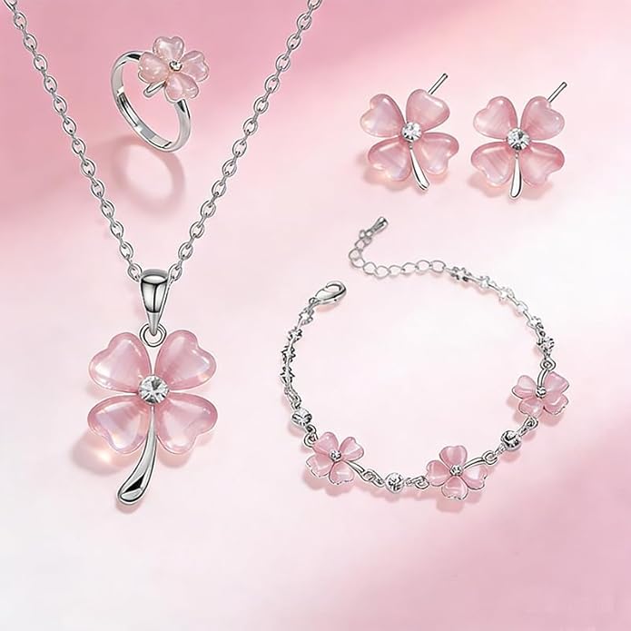 ONLYJUMP Four Leaf Clover Jewelry Set for Women Necklace Bracelet Earrings Ring Set Elegant Lucky Clover Design Cat Eye Stone Perfect Holiday Gift for St. Patrick's Day Valentine's Day Birthdays Daily Wear