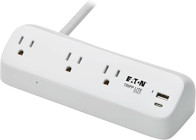 Eaton Tripp Lite Series Desk Clamp Power Strip Surge Protector, 3-Outlets, USB-A & USB-C Charging Ports, 900 Joules, 8ft Braided Flat Extension Cord, Lifetime Manufacturer's Warranty (TLP308U20CLAMP)