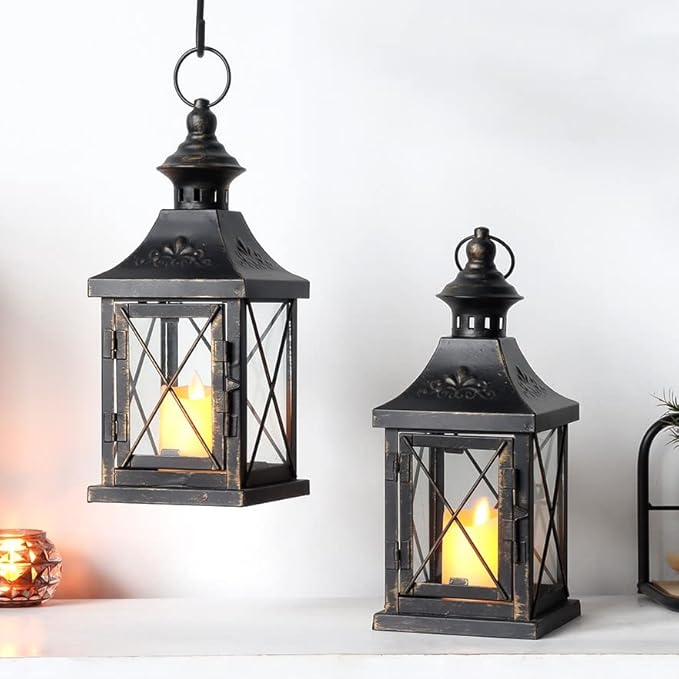 TRIROCKS Set of 2 Decorative Candle Lantern 11'' High Metal Candle Holder Hanging Lantern Perfect for Home Decor Halloween Living Room Parties Events Tabletop Indoors Outdoors (Black with Gold Brush)