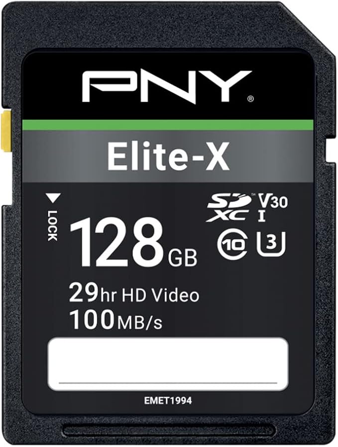 PNY 128GB Elite-X Class 10 U3 V30 SDXC Flash Memory Card - 100MB/s, Class 10, U3, V30, 4K UHD, Full HD, UHS-I, Full Size SD (Pack of 1)