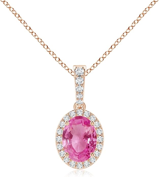 Angara Natural Pink Sapphire Pendant for Women | Vintage Style Oval Pink Sapphire Halo Pendant in 14K Solid Gold/Platinum With 18" Chain | Birthday, Anniversary, Gemstone Jewelry Gift