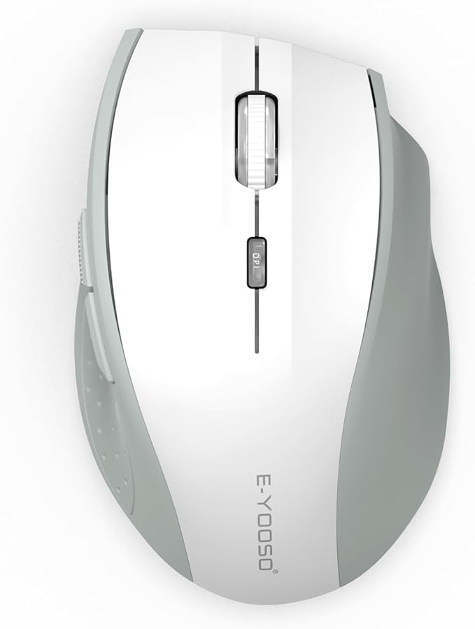 E-YOOSO Wireless Mouse for Laptop, Portable Optical Computer Mouse, 6 Buttons, Cordless 2.4GHz with USB Receiver, 5-Level 4800 DPI, 18 Months Battery Life, for PC, Chromebook, Windows, Mac(White Gray)