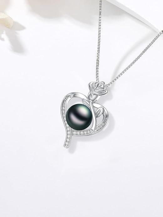 Tahitian Black Pearl 18K White Gold Plated Sterling Silver Heart/Infinity/Four Leaf Clover Pendant Necklace Jewelry Gifts for Women Wife Mom Girlfriend Wedding Birthday Anniversary Christmas