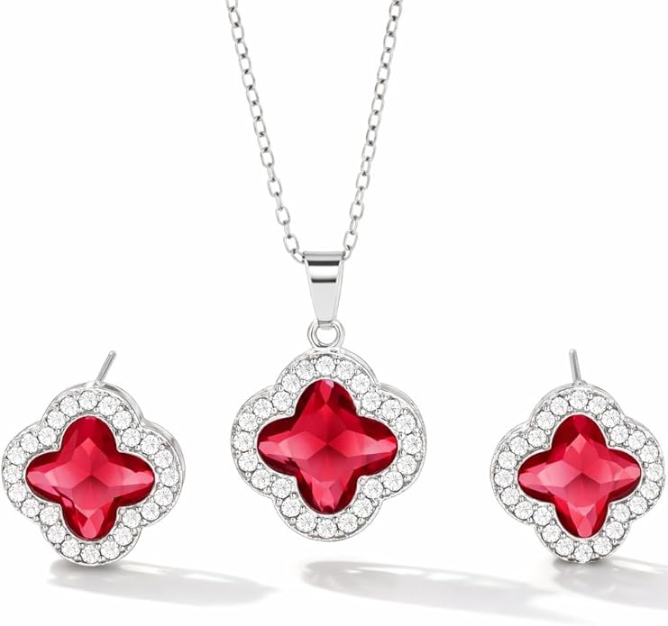 Four Leaf Clover Necklace and Earrings Set for Women, Clover Jewelry Set with Pendant Necklace and Stud Earrings, Brilliant Cubic Zirconia, Polished Metal Setting, Hypoallergenic, & Lightweight