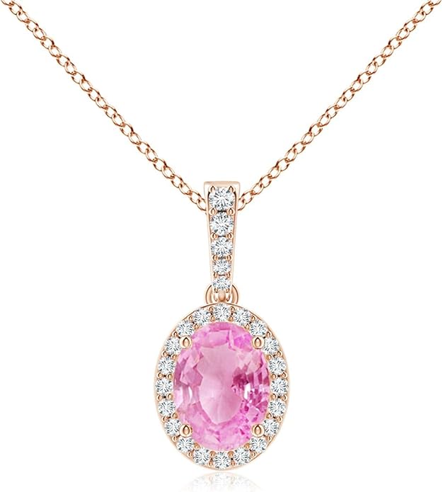 Angara Natural Pink Sapphire Pendant for Women | Vintage Style Oval Pink Sapphire Halo Pendant in 14K Solid Gold/Platinum With 18" Chain | Birthday, Anniversary, Gemstone Jewelry Gift