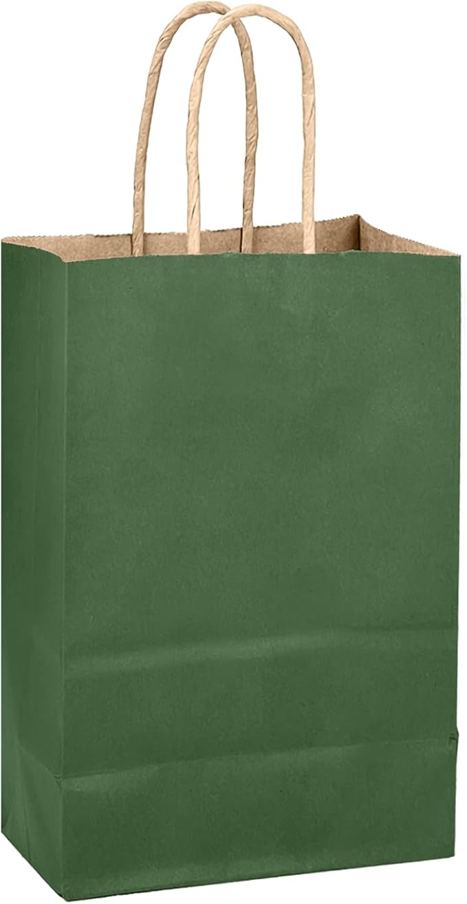 qiqee Dark Olive Green Gift Bag with Handles Bulk 24Pcs Paper Bags -10.6"x8.3"x4.3"Party Favor Bags - Solid Color