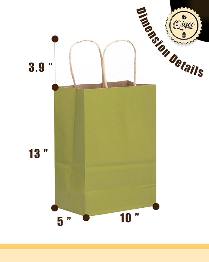 qiqee Large Kraft Paper Bags with Handles 13"x10"x5" 32 pcs Gift Paper Bag Sage Green Solid Color Bags（Large Size）