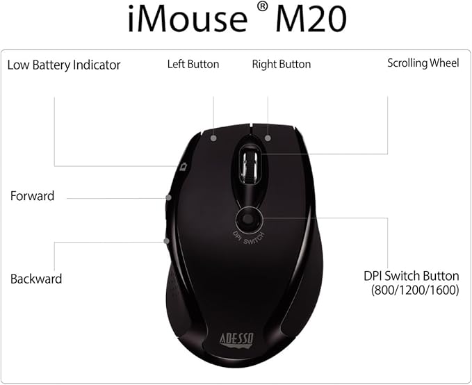 Adesso iMouse M20B - Wireless Ergonomic Optical Mouse, Black