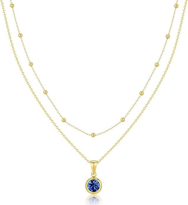 14K Gold-Plated Women's Double-Layer Birthstone Necklace Delicate Round Birthstone Pendant with a Simple Necklace, a Birthday Gift for Women Teenage Girls