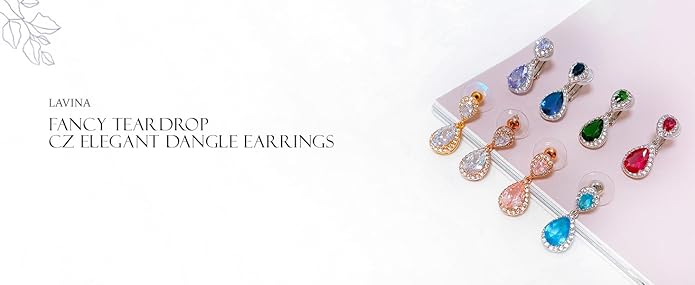 Vintage Style Bridal Cubic Zirconia Simulated Gemstone AAA CZ Halo Dangle Teardrop Chandelier Clip On Earrings For Women Silver Rose Gold Plated in Black Purple Blue Red Rose Pink Green Clear