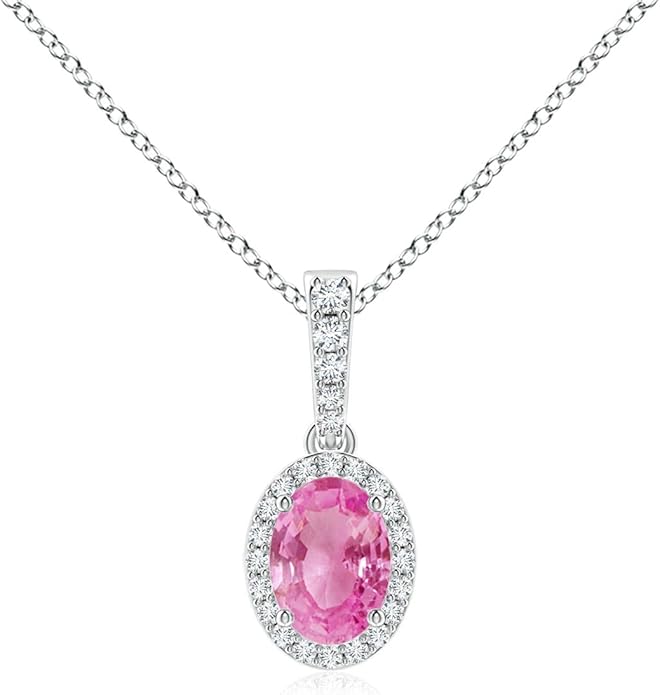 Angara Natural Pink Sapphire Pendant for Women | Vintage Style Oval Pink Sapphire Halo Pendant in 14K Solid Gold/Platinum With 18" Chain | Birthday, Anniversary, Gemstone Jewelry Gift