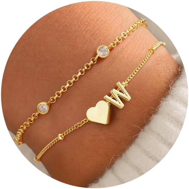 Turandoss Valentines Day Gifts for Kids Teen Girls - Dainty 14K Gold Plated Layered Heart Letter A-Z Charm Bracelet Stack Mom Daughter Jewelry Birthday Valentines Day Gifts for Girlfriend Wife