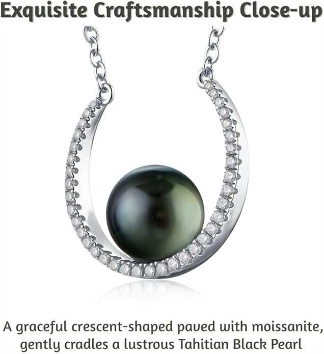 Lunar Belle 925 Silver Tahitian Black Pearl Pendant Necklace with Moissanite Halo, Gift for Wife Mother's Day Anniversary (Ocean Crescent)
