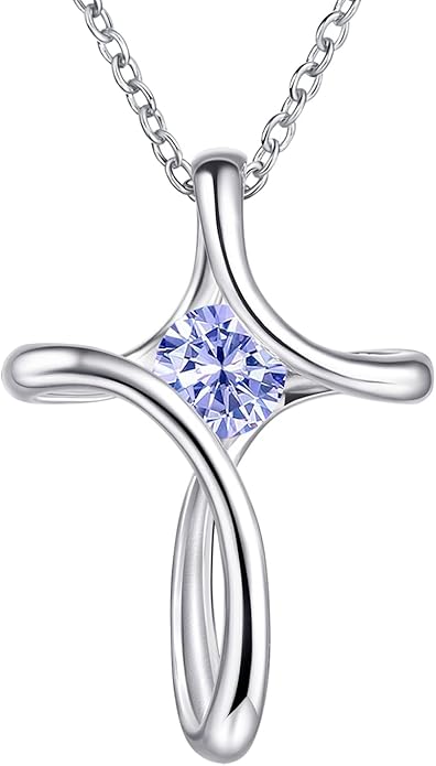 Cross Necklace for Women, 925 Sterling Silver Birthstone Necklace for Women with Diamond Sideways Cross Necklaces Birthstone Jewelry Birthday Gifts for Womens