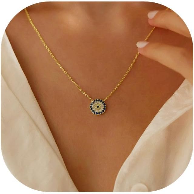 Evil Eye Necklace for Women 14K Gold Plated Delicate Necklaces Blue White CZ Diamond Pendant Necklace Cute Boho Tiny Evil Eye Lucky Protection Jewelry Gift for Women