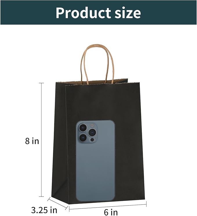 Joybe 50 Pack 6x3.25x8 Inch Small Black Paper Bags with Handles Bulk, Kraft Paper Gift Bags for Birthday Party Favors Grocery Retail Shopping Business Goody Merchandise Craft Blank Sacks (50pcs)