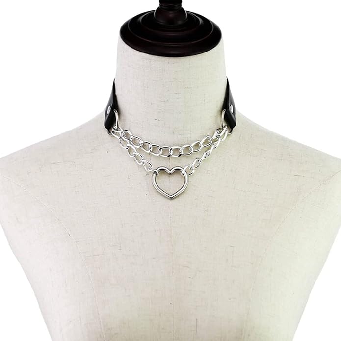 Harajuku Peach Heart Choker Punk Hauling Chain PU Leather Collar Gothic Necklace NightClub Goth Leash Belts