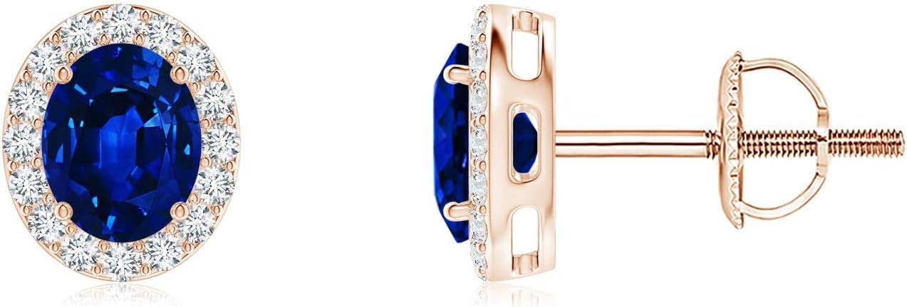 ANGARA Natural Blue Sapphire Earrings for Women | Prong-Set Oval Blue Sapphire Stud Earrings with Diamond Halo in 14K Solid Gold/Platinum | September Birthday, Anniversary, Gemstone Jewellery Gift