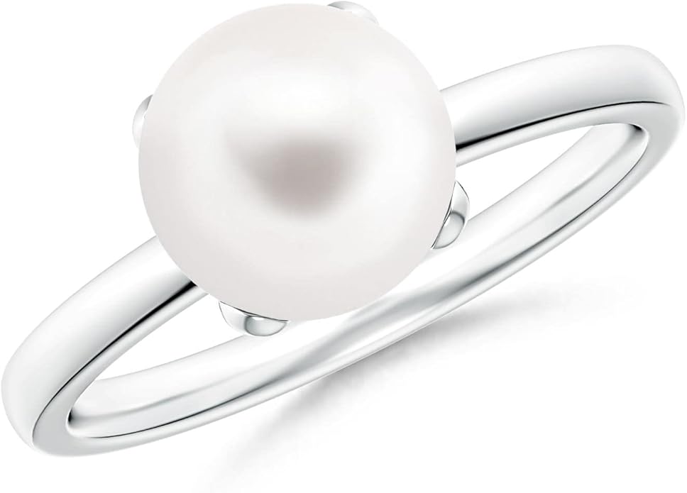 Angara Freshwater Pearl Solitaire Ring for Women | Round Freshwater Cultured Pearl Solitaire Ring in 14K Solid Gold/Silver | June Birthday, Anniversary, Gemstone Jewellery Gift